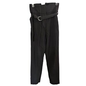 IRO Paris Wool Paperbag Tapered Trousers 36 Black Belted High Rise Work Career